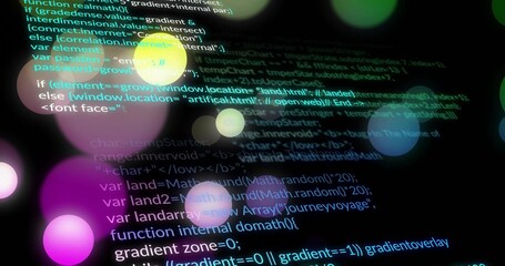 Displaying centered monitor showing JavaScript code on dim workspace, with colored bokeh lights