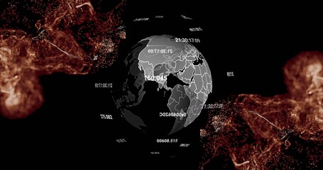 Rotating digital globe showing white borders, floating timestamps and amber filaments in data space