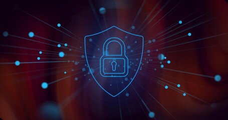 Glowing neon-blue padlock inside shield sending radial rays in cyber backdrop with blue orbs