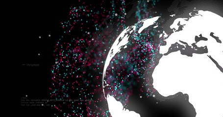 Showing globe Europe North Africa in data map at right, glowing cyan-magenta particles, copy space © vectorfusionart