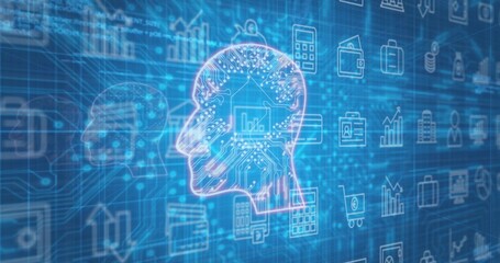 Pulsing neon head silhouette showing circuit traces in virtual data grid, featuring bar-chart icon