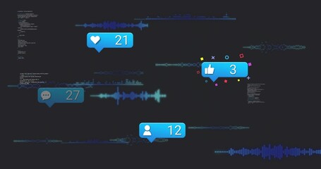Floating blue alert badges over teal waveforms on dark slate dashboard, showing code and confetti