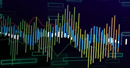 Displaying multicolored candlestick bars and trend lines on digital dashboard, with neon frames