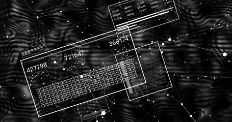 Displaying tilted data panel rotating in digital space, showing keyboard grid and numeric overlays
