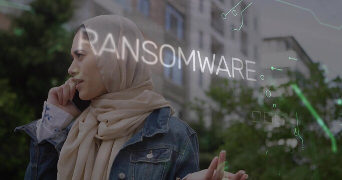 Calling on phone, woman in beige hijab, denim jacket gesturing at building, RANSOMWARE, copy space