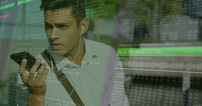 Speaking man wearing white shirt, bag strap into phone at walkway with earbuds and encryption bar