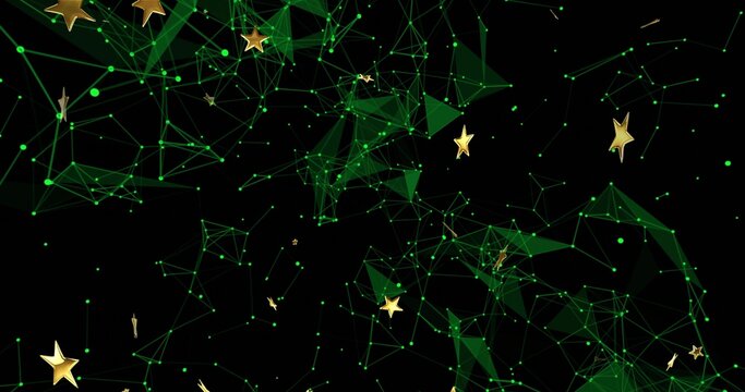 Glowing green node network forming triangular mesh in black void, with gold stars, thin lines