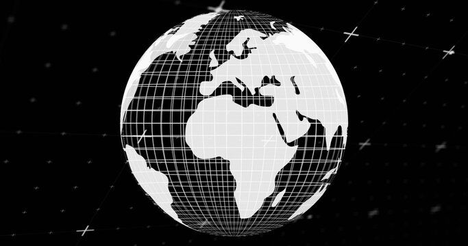 Naklejki Rotating wireframe globe showing Africa Europe Mideast shapes in dark void with grid, stars, guides