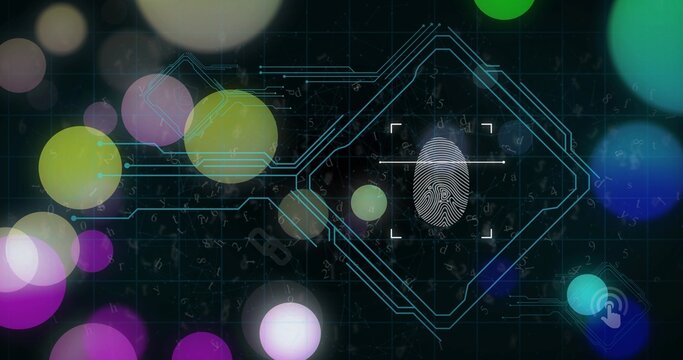 Showing white fingerprint scanning in diamond-frame on security UI with neon traces bokeh reticle