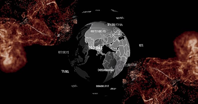 Rotating digital globe showing white borders, floating timestamps and amber filaments in data space