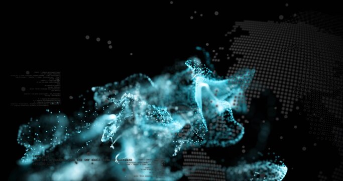 Swirling cyan-blue particle cloud forming waves in dark virtual space, with halftone map and code