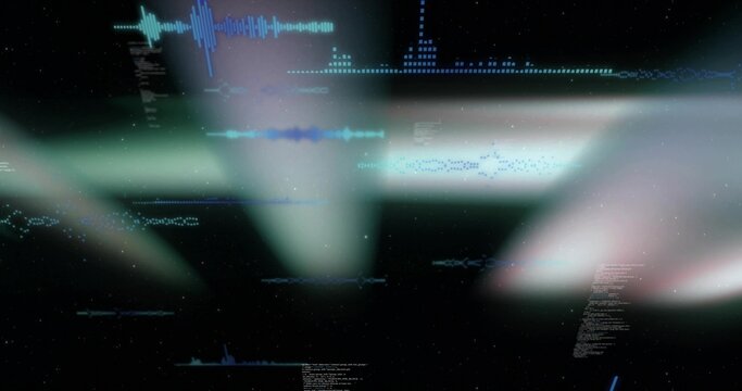 Glowing central horizontal band streaming cyan and blue waveform traces over dark HUD, with code