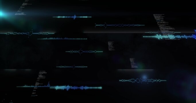 Displaying neon cyan and blue waveforms streaming in HUD over deep black void, with code, flares