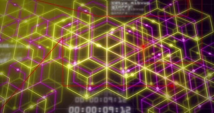 Glowing neon lattice in data field displaying bright nodes and red polyline with timestamps