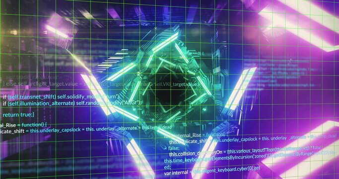 Rotating glowing cyan-green polyhedron pulsing in cyberspace, showing grid, code, magenta bars - Powered by Adobe