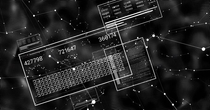Displaying tilted data panel rotating in digital space, showing keyboard grid and numeric overlays