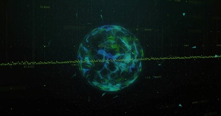 Pulsing faceted sphere sending horizontal dotted data stream in dark virtual HUD, showing telemetry