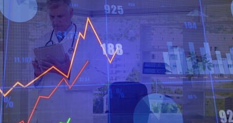 Reading tablet, doctor in white coat with stethoscope analyzing overlaid data in office, copy space