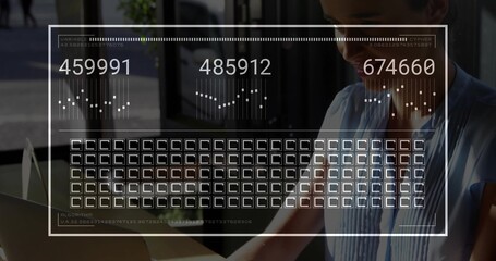 Working woman in light-blue sleeveless blouse typing on laptop by glass window, HUD readouts, plant