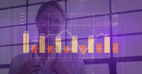 Adjusting female doctor in white lab coat with stethoscope in clinic, with purple data charts