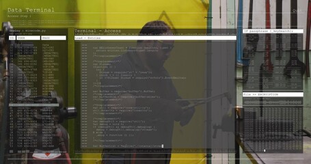 Gripping mid-adult technician holding metal bar in workshop wearing dark T-shirt, with terminal UI