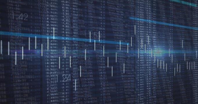 Displaying dashboard on dark screen with alphanumeric text, showing cyan trend line and white bars