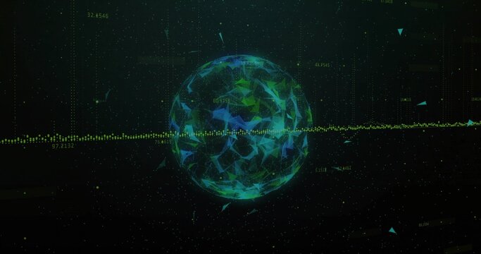 Pulsing faceted sphere sending horizontal dotted data stream in dark virtual HUD, showing telemetry - Powered by Adobe