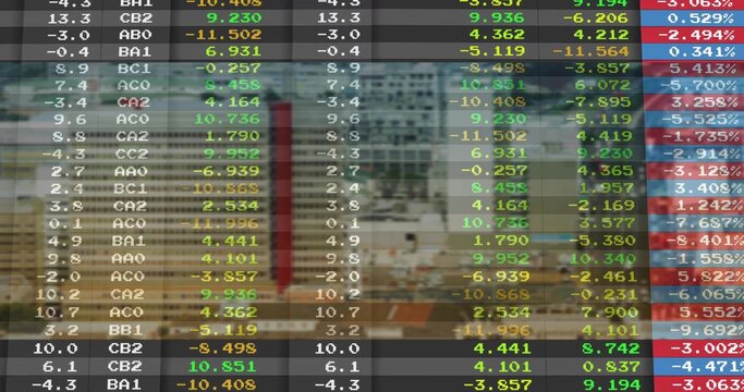 Displaying semi-transparent stock ticker grid overlaying downtown street, showing cars, pedestrians