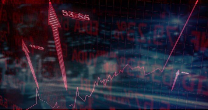 Displaying rising dotted stock chart with upward arrows and numeric callouts on display, cityscape