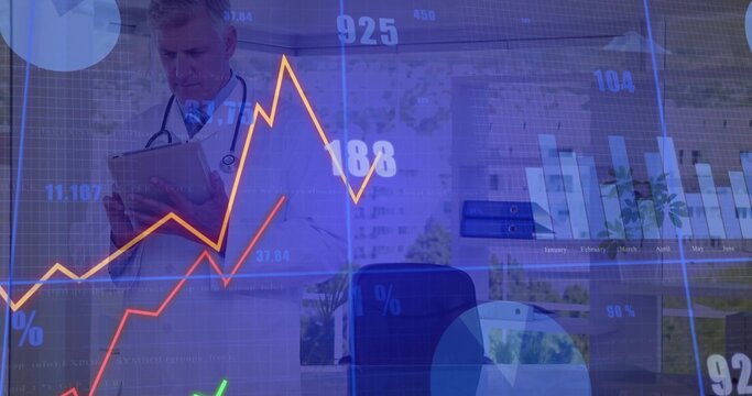 Reading tablet, doctor in white coat with stethoscope analyzing overlaid data in office, copy space - Powered by Adobe