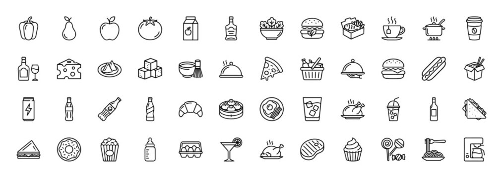 Food and drink line icon set. Vector pictograms of various ingredients, meals, beverages, and snacks, thin linear illustration.