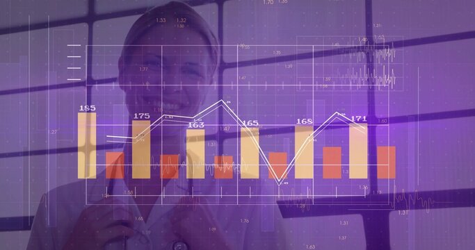 Adjusting female doctor in white lab coat with stethoscope in clinic, with purple data charts