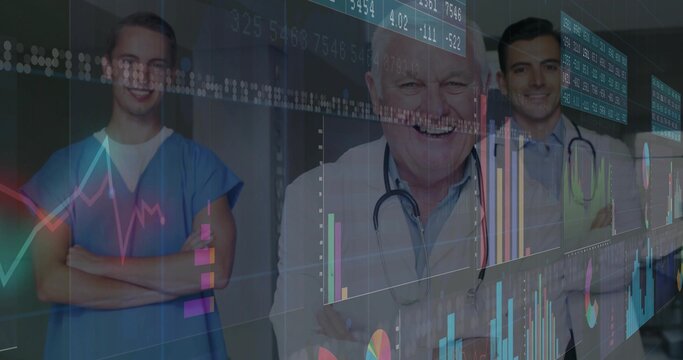 Standing three clinicians in clinic hallway wearing lab coats scrubs stethoscopes with data overlay