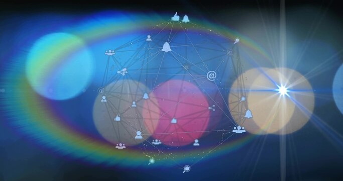 Pulsing central network glowing in digital studio, showing social icons, bokeh, halo, starburst