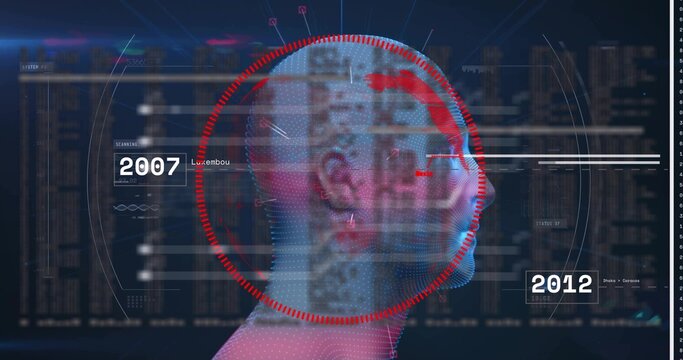Scanning translucent male head model receiving HUD scan in virtual console, showing red reticle