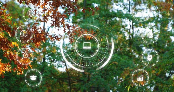 Showing futuristic circular HUD overlaying autumn forest canopy, with laptop icon plus edge icons