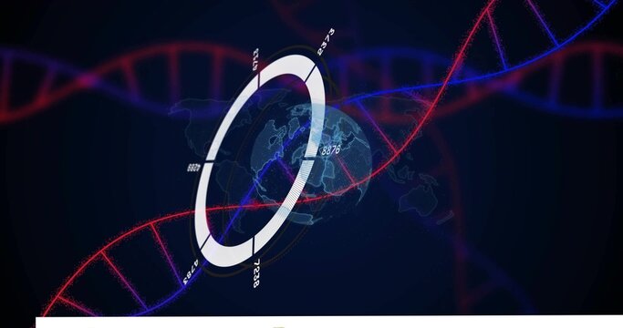 Rotating tilted segmented ring circling globe in virtual dashboard, showing red blue DNA ribbons