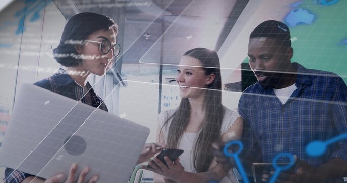 Discussing team, plaid sleeveless, in office holding laptop smartphone tablet HUD overlay