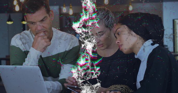 Leaning trio, woman in headscarf and blazer, examining smartphone and laptop in cafe with glitch