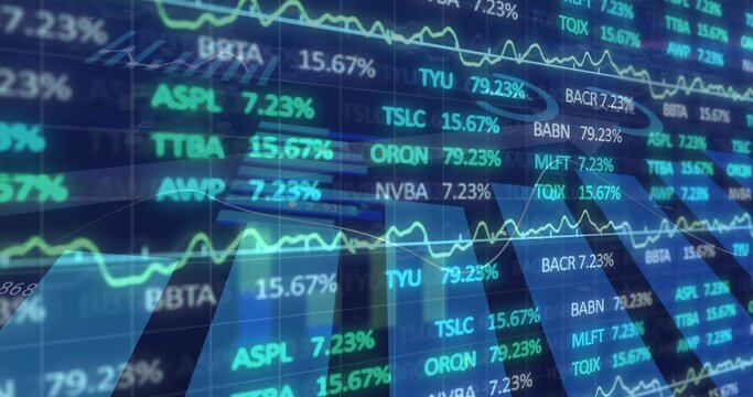 Displaying digital stock market panel on trading wall, showing tickers, percent values, line charts