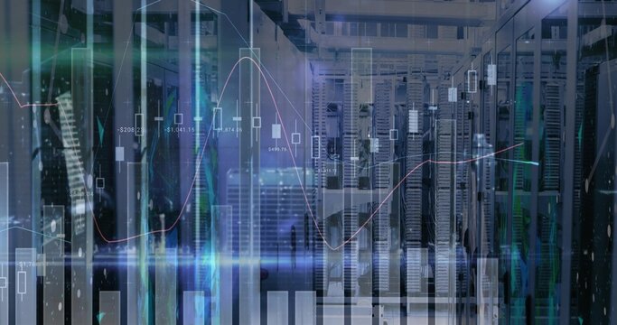 Walking techs wearing dark workwear monitoring server racks at data center, with candlestick charts