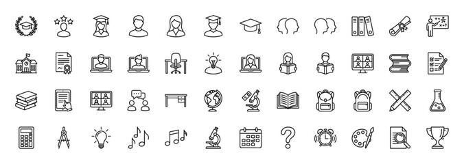 Education line icon set. Vector pictograms of students, graduates, diplomas, school, books, laptops, and study tools, thin linear illustration.