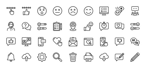User interface line icon set. Vector pictograms of feedback, chat bubbles, emoticons, ratings, settings, and office elements, thin linear illustration.