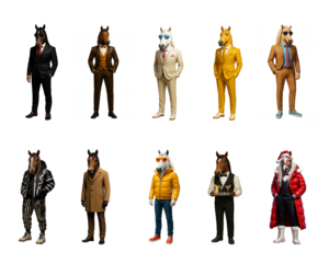 A collection of stylish anthropomorphic horses in fashionable clothing. Symbols of the upcoming New Year 2026.