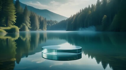 Advertising Background stand on lake serene showcasing tranquil nature with mountain landscape views - Powered by Adobe