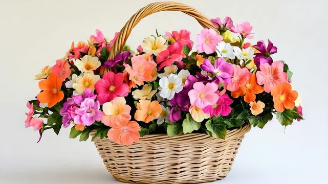 A wicker basket filled with vibrant flowers suitable for various occasions and celebrations