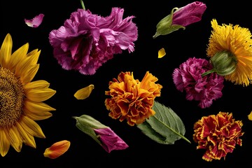 Scattered flowers sunflower, carnations, marigold with loose petals on black