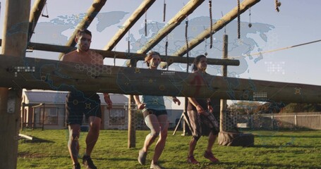 Carrying heavy wooden log three adults in athletic gear walking across obstacle field, visible bib © vectorfusionart