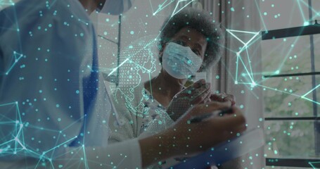 Administering whitecoat nurse vaccinating senior patient in clinic, with masks syringe hologram