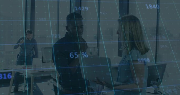 Exchanging laptop, woman in sleeveless blouse and man in dark shirt headset in office, data grid - Powered by Adobe